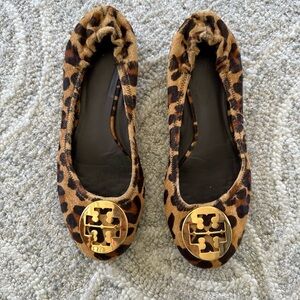 Tory Burch Animal Print Flats with Gold Logo